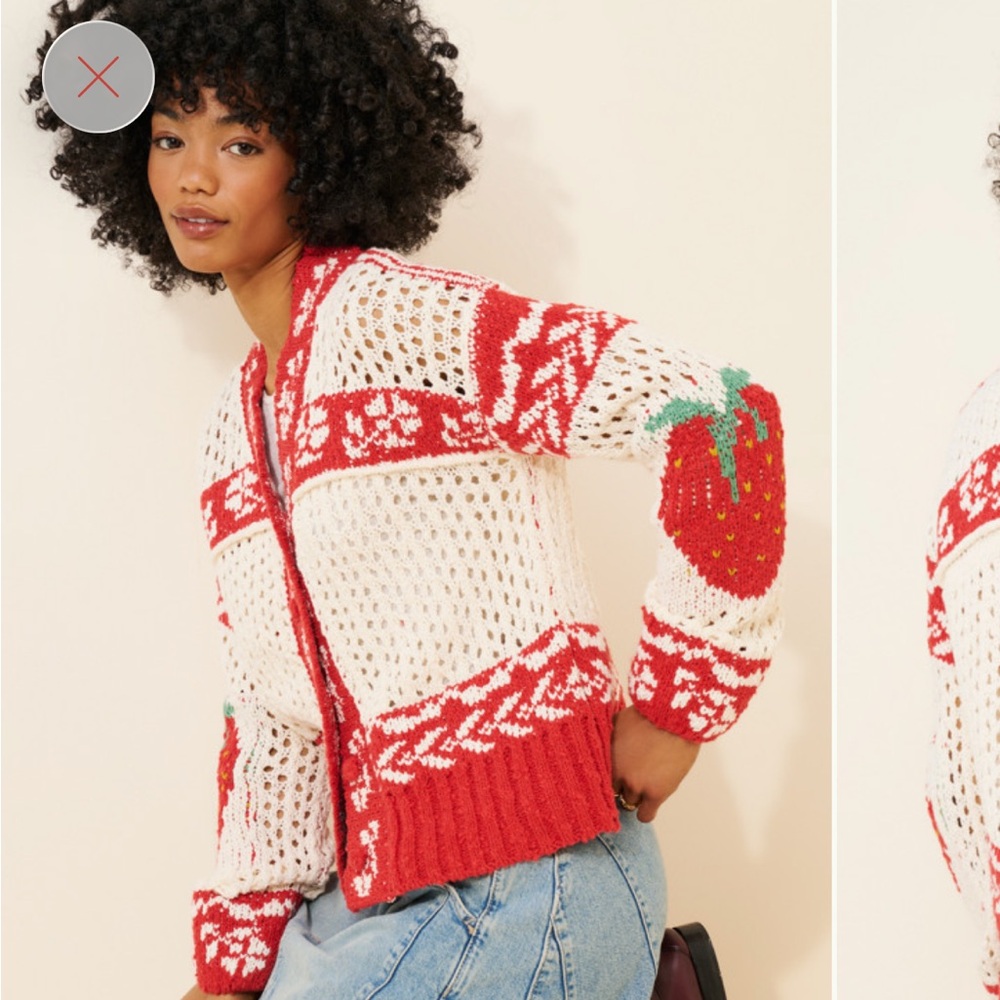 Kimchi Blue Red and White Open-Knit Strawberry fair isle Cardigan
